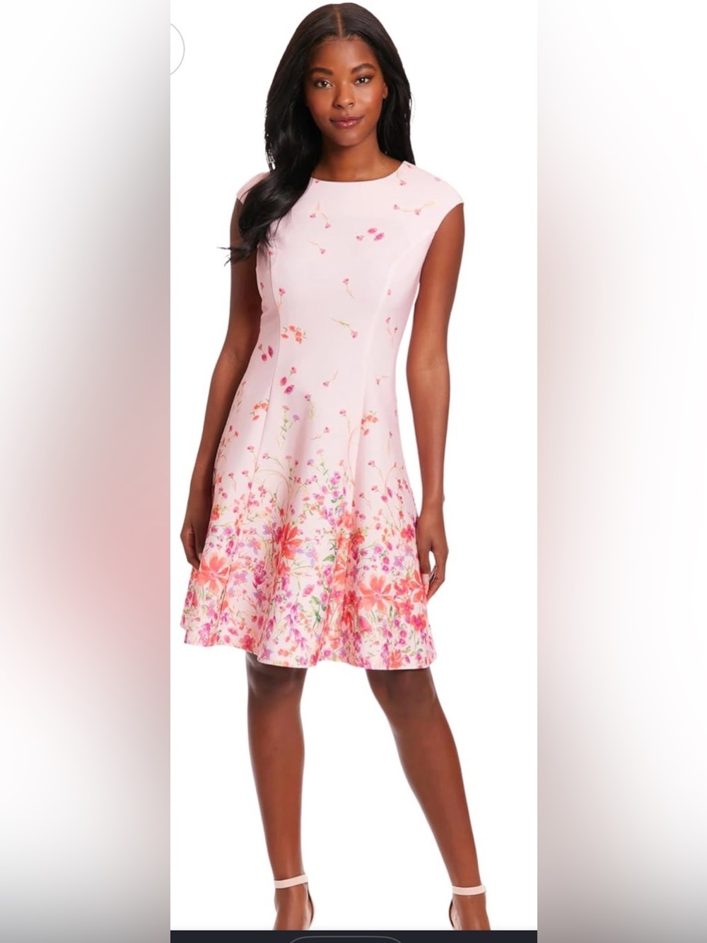 London Times Women's Dresses Floral Border Cap Sleeve Fit & Flare Dress